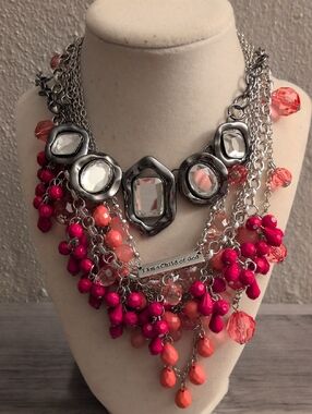 Bold Pink & Coral Statement Necklace Set with Crystal Accents